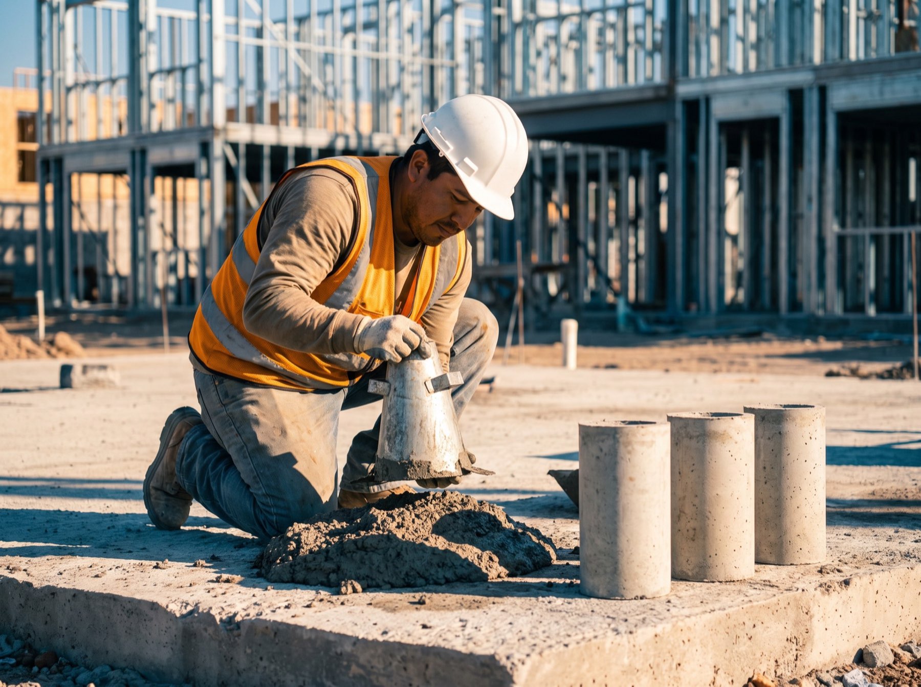 Técnico realizando prueba de revenimiento de concreto en obra