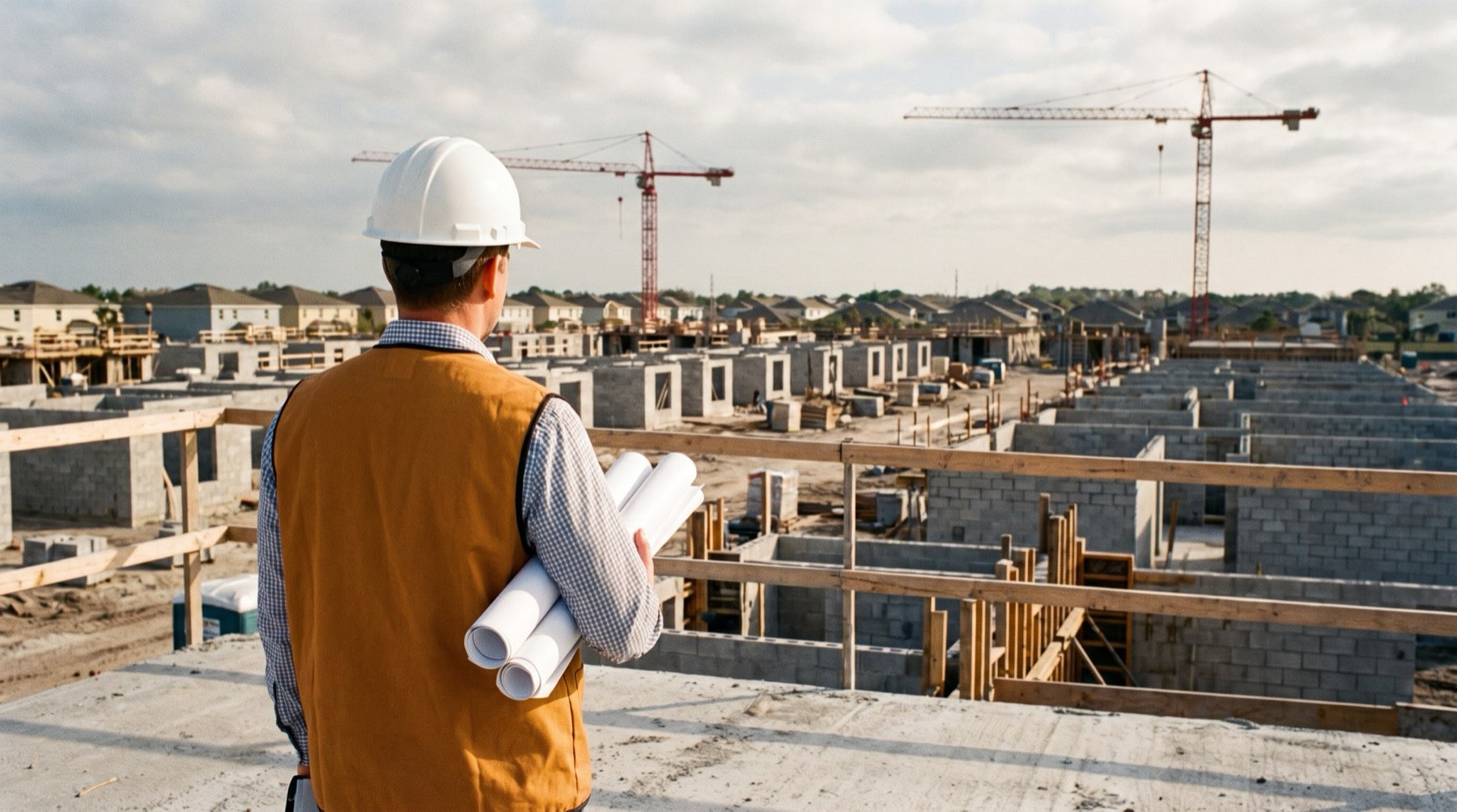 Supervisor de NEOVALK CO revisando desde una losa el avance de un conjunto de vivienda en construcción