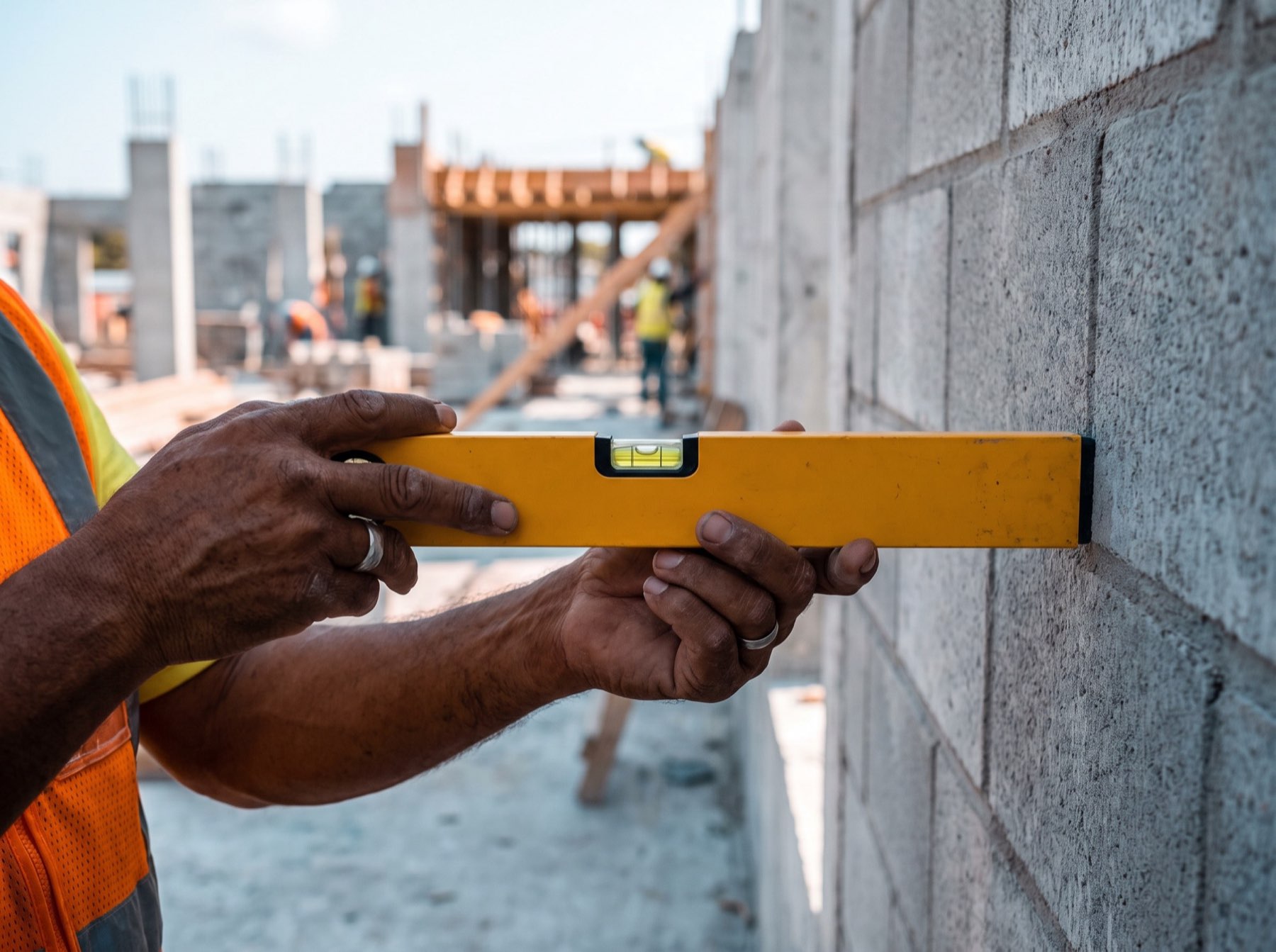 Verificación de plomo y nivel sobre un muro de block recién levantado