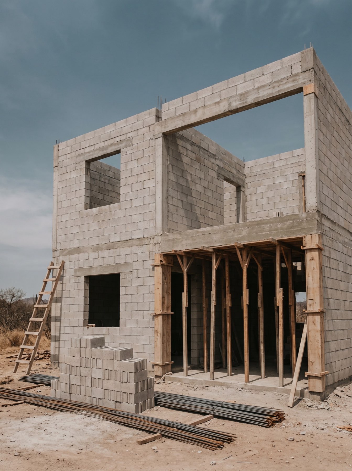 Vivienda en obra negra con cimbra y materiales estibados en orden