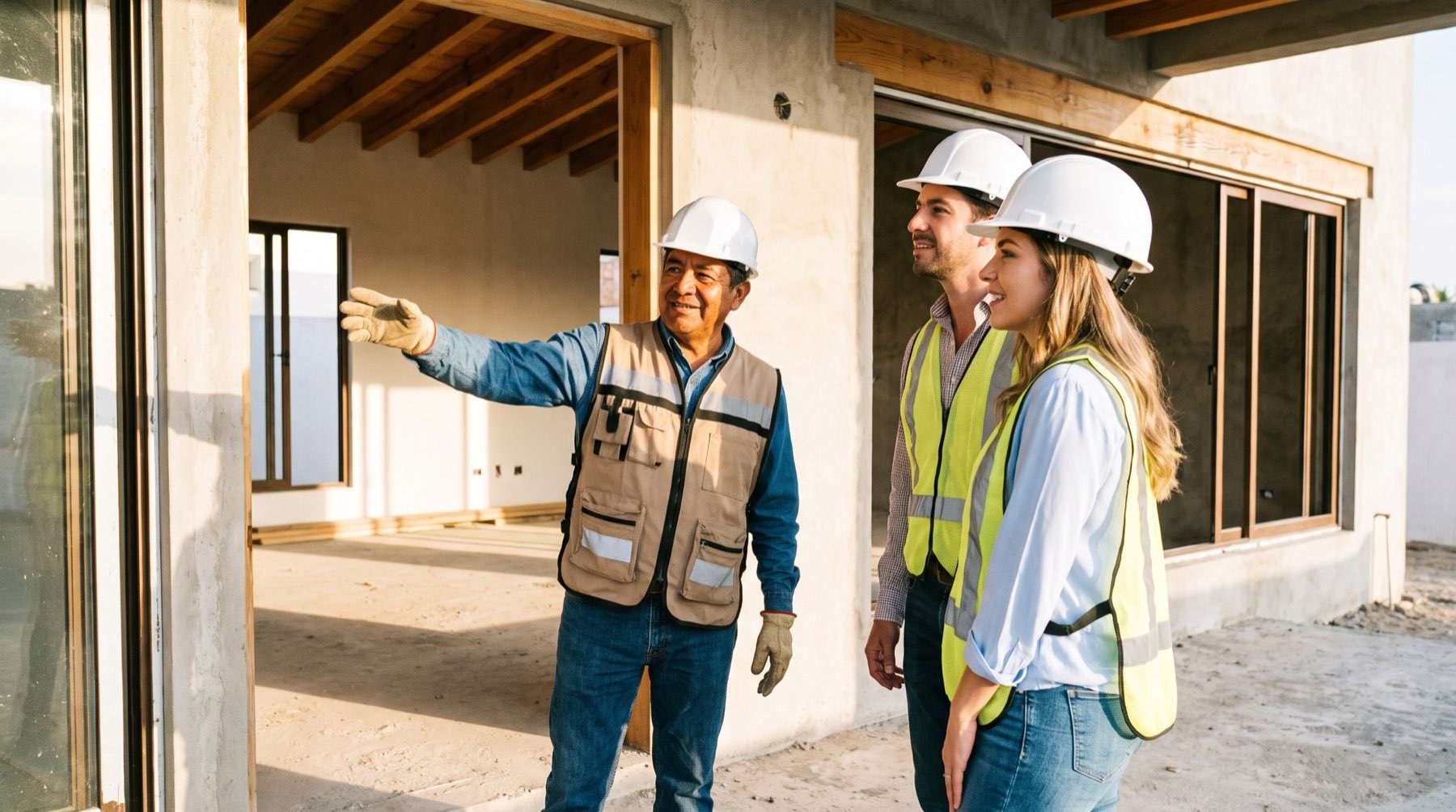 Supervisor de NEOVALK CO mostrando el avance de una vivienda a sus propietarios